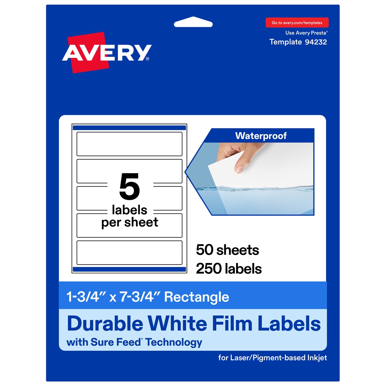 Avery Durable Waterproof Rectangle Labels with Sure Feed, 1.75" x 7.75"
